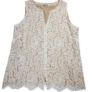 Rose + Olive Lace Sleeveless Blouse Cream Button Front Top Medium